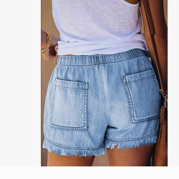 Women's Denim Drawstring Shorts Frayed Raw Hem Ruffle High Waist with Pockets - Picture 4 of 9